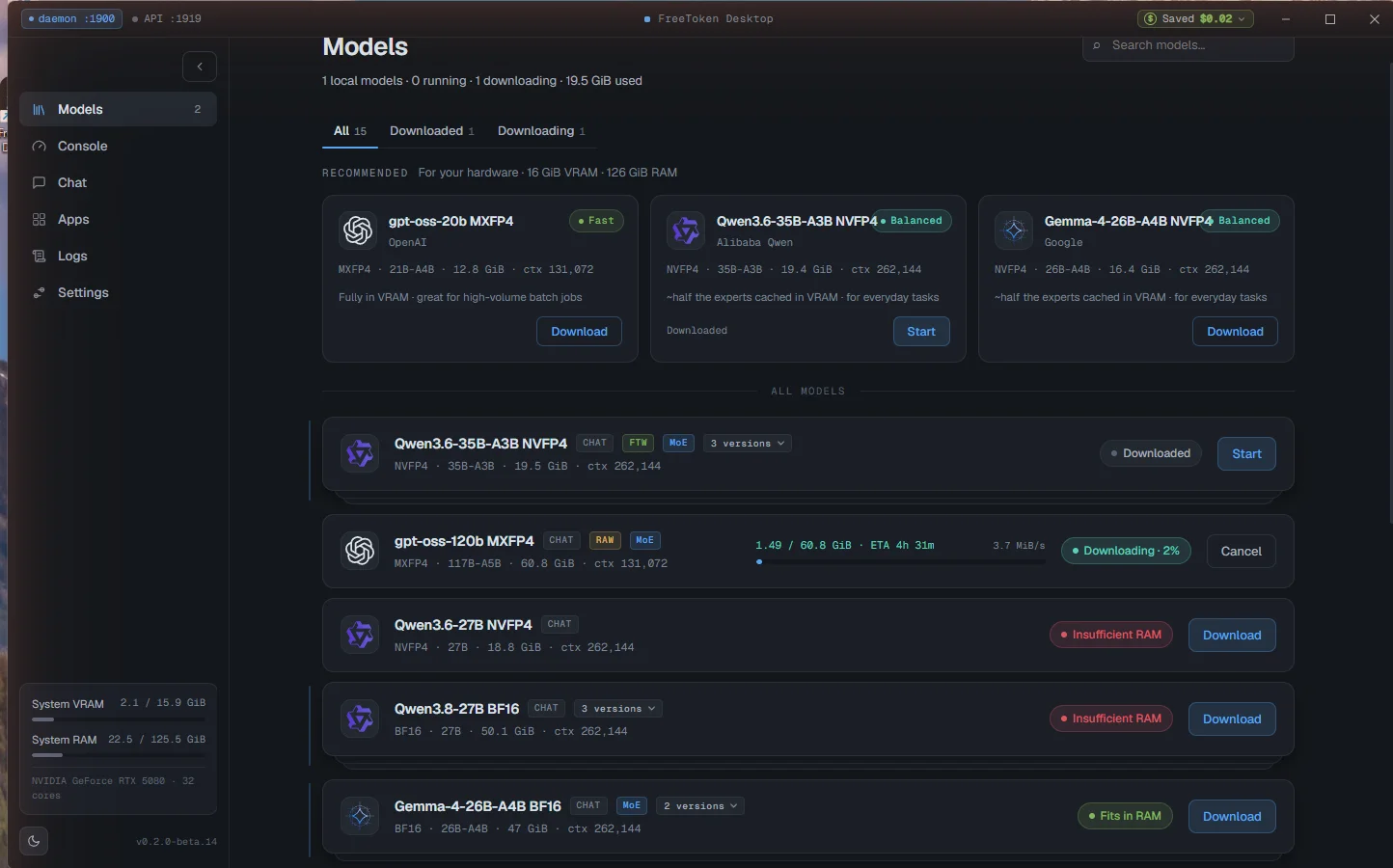 FreeTokenのモデル一覧。モデルごとにInsufficient RAMやFits in RAMの判定バッジが表示されている