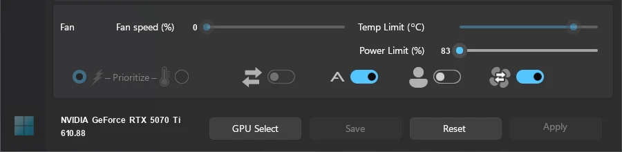 MSI AfterburnerでRTX 5070 TiのPower Limitスライダーが83%の左端で止まっている画面