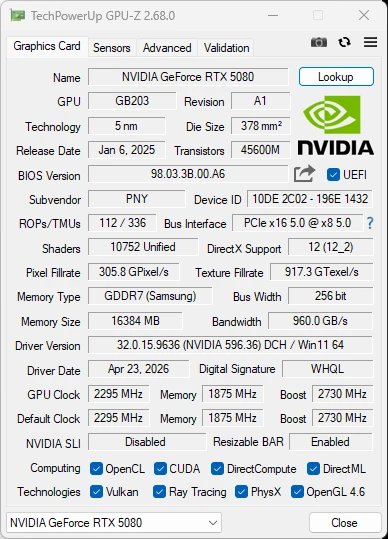 GPU-Zの画面。PNY RTX 5080、Bus InterfaceはPCIe x16 5.0 @ x8 5.0