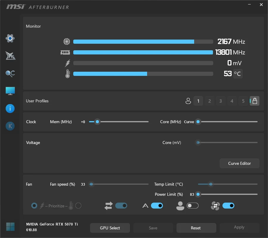 MSI AfterburnerでRTX 5070 TiのPower Limitスライダーが83%で下限に達している画面