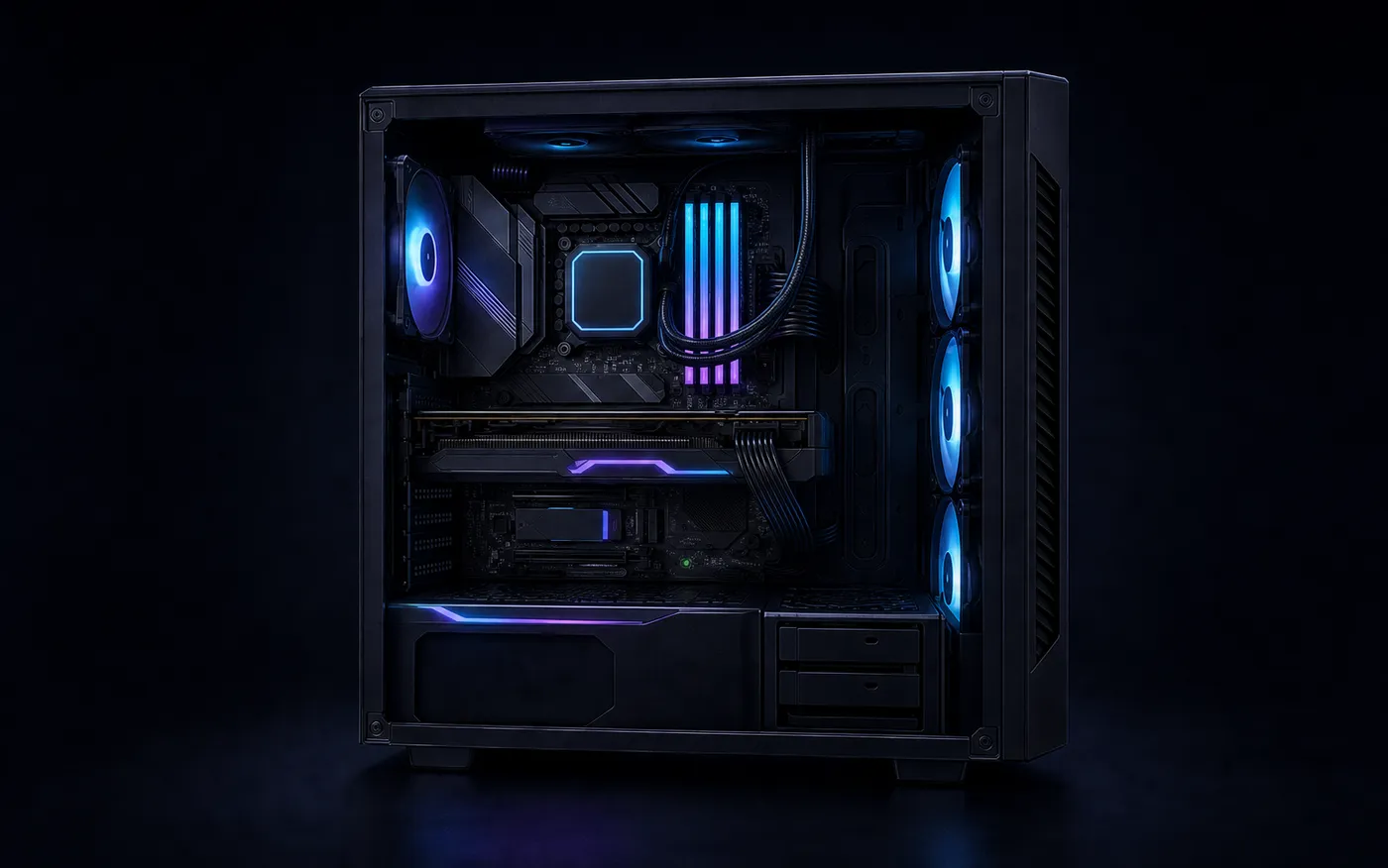 グレー寄りでパーツが見えるPCケース内部のビジュアル